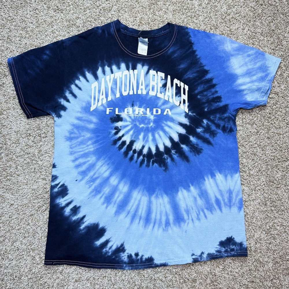 Daytona Beach Florida Women's L Blue Tie Dye Graphic T Shirt Cotton Souvenir Tee